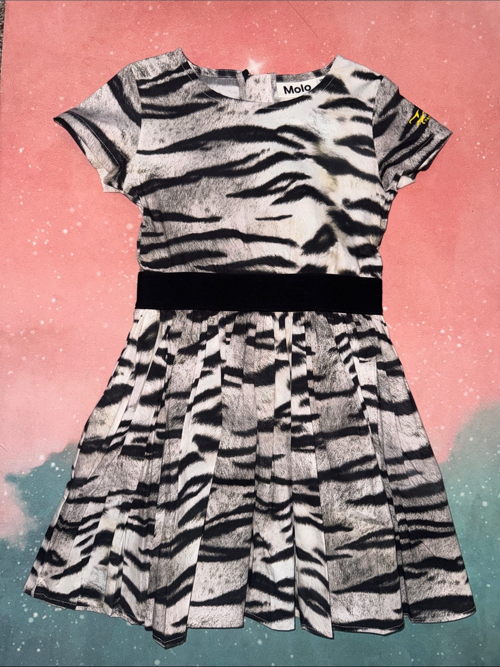 Molo Black & White Zebra-Print Short Sleeve Dress girls 98 104 3 4 organic